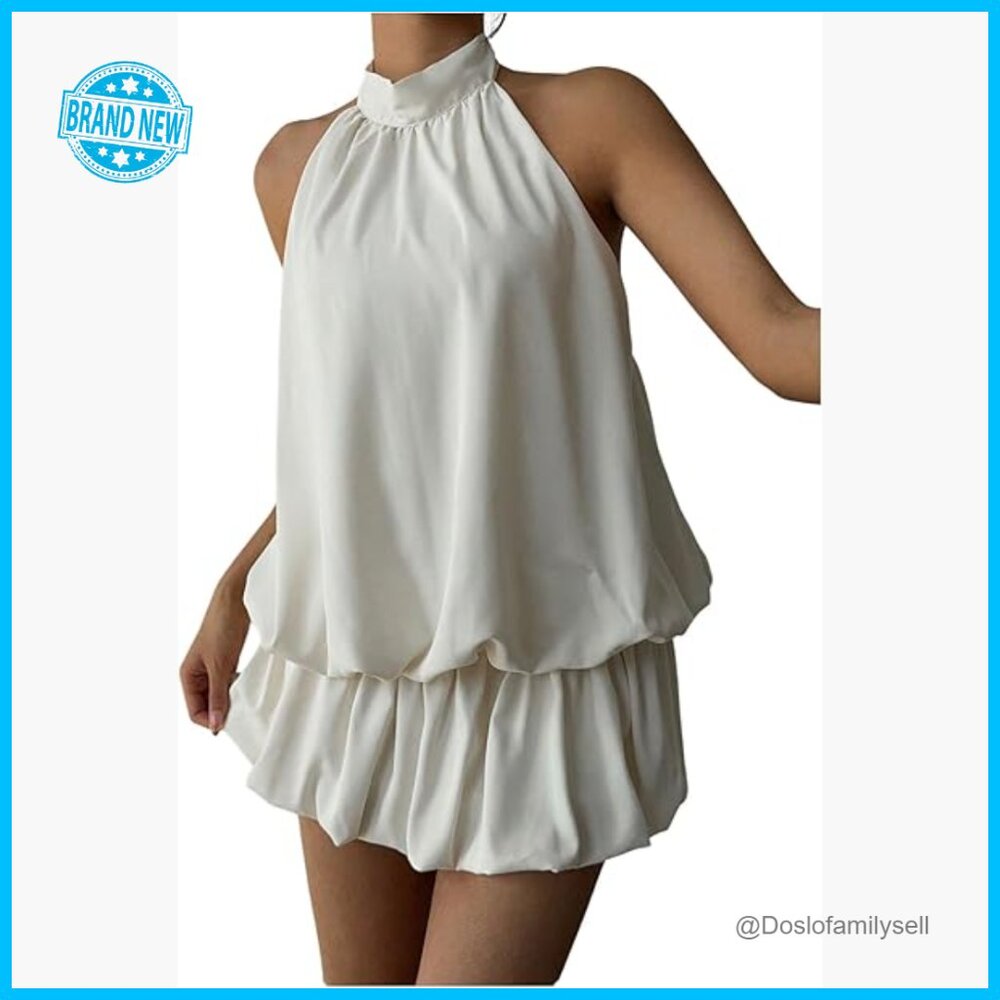 Y2K Backless Ruffle Bubble Halter Mini Dress Poly… - image 1